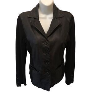 Anne Klein Leather Sweater S JACKET Button Up Black Ribbed Pockets Fall Winter
